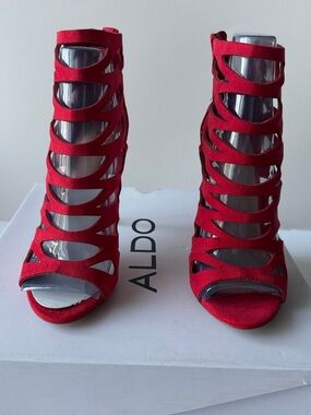 ALDO Red Suede Cage Strappy High Heels NWOT